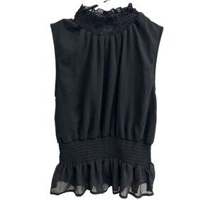 Japna Sleeveless Black Smocked Ruffle Hem Top Shirred Neck Lightweight Size S